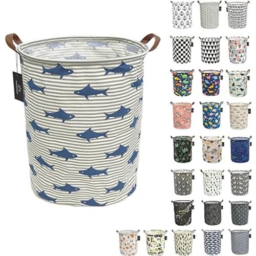 laundry baskets,bedroom hamper,kitchen organization,GodenMoninG 62.8L Waterproof Round Cotton Linen with Handles Collapsible storage basket. (Grey Striped Shark)