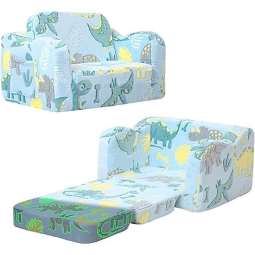 MeMoreCool Toddler Chair – Convertible Glowing Dinosaur Flip Out Sofa | 1-3 Years | Soft Kids Couch for Playroom | Fold-Out Bed & Washable Cover