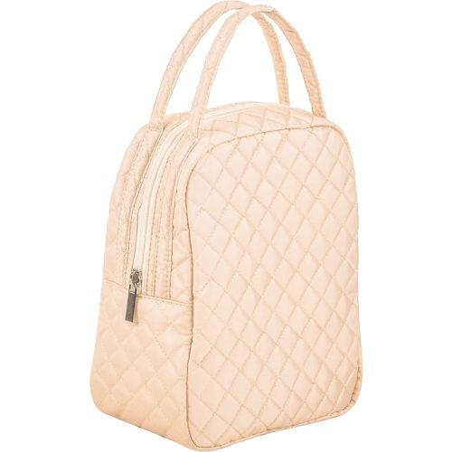 Machine Washable Women Quilted Fabric Insulated Reusable Cooler Lunch Bag Tote Adult Thermal Lunch Box Storage Bag for Work (Beige)