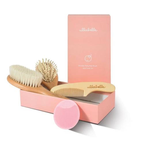 4 Piece Wooden Baby Hair Brush and Comb Set for Newborns & Toddlers in Chic Gift Box - Ultra Soft Natural Goat Hair and Wood Baby Brush Set Prevents Cradle Cap - Perfect Registry Gift (Pink)