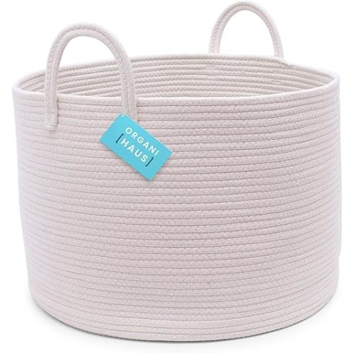 OrganiHaus White Woven Baskets for Storage 20x13, Large Basket for Toys, Nursery Laundry Basket, Cotton Rope Basket with Handles, Towel Basket for Bathroom, Throw Blanket Basket for Living Room