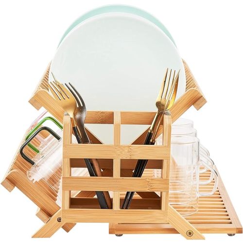 Bamboo Dish Drying Rack, 3 Tier Collapsible Wooden Dish Drying Rack with Utensil Holder, Plate Rack Holder for Kitchen Counter, Large Folding Drying Holder, Dish Drainer - Bamboo(3 Tier)