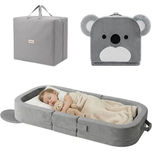 Zelladorra Toddler Travel Bed, Portable Toddler Floor Bed with Storage Bag and Washable Cover for Home and Travel, Grey