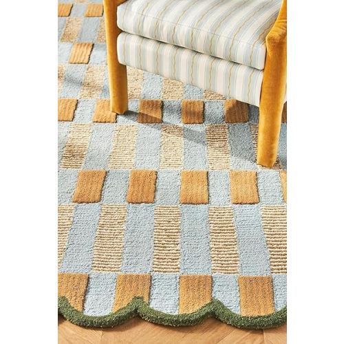 Hand-Tufted Wool Rug with Scalloped Edges, Light Blue Plaid Pattern, Cozy Soft Area Rug for Living Room, Bedroom, and Nursery, Handmade Modern Accent Rug, 8x10 Ft