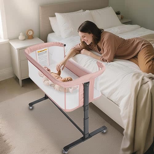 Kinder King Baby Bassinet w/Wheels, Folding Portable Newborn Bedside Sleeper, All-Sided Mesh Infant Crib, Adjustable Height, Removable Soft Mattress, No Tool to Assemble, Pink