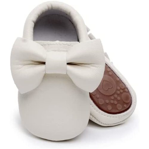 HONGTEYA Baby Moccasins with Rubber Sole&Soft Sole - Flower Print PU Leather Tassel Bow Girls Ballet Dress Shoes for Toddler