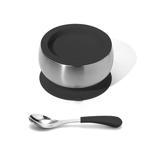 Avanchy Stainless Steel Baby Bowls and Spoon Removeable Suction, Storage Lids Set for Babies Kids Toddler First Food Feeding Black Baby Spoon - BABY