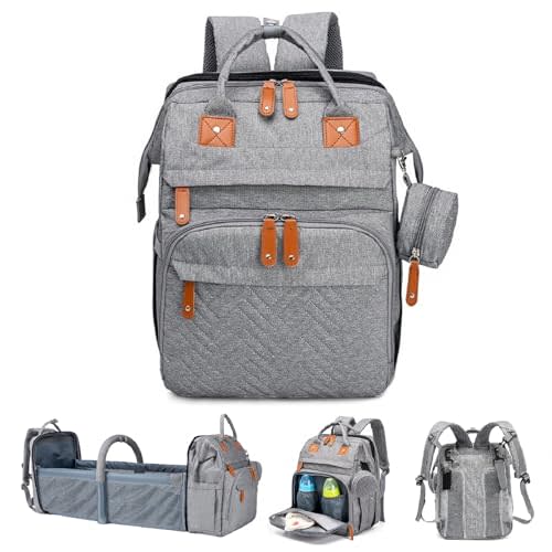 Baby Diaper Bags with Changing Station, Large Capacity Diaper Bag Backpack for Moms Dads with USB Charging Port,Travel Baby Bag with Pacifier Case & Stroller Straps(Up-Grey)