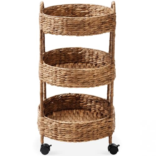 Best Choice Products 3-Tier Round Rolling Nursery Caddy w/Wheels, Handwoven Utility Cart, Storage Organization for Bathroom, Craft Room, Laundry Room - Chestnut