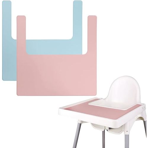 High Chair Placemat, Long Lasting High Chair Placemat Silicone, 2-Piece Set, Can Be Used Interchangeably, Suitable for IKEA Antilop Highchai, for Toddlers and Babies (Blue/Pink)