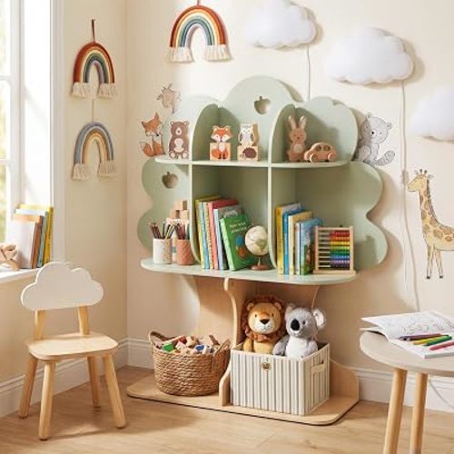 HONEY JOY Tree Kids Bookshelf, 45" H 3-Tier Toddler Montessori Bookcase w/Open Shelves, Wooden Toy Storage Organizer, Book Shelf for Kids Rooms, Playroom, Bedroom, Nursery, Classroom, Green