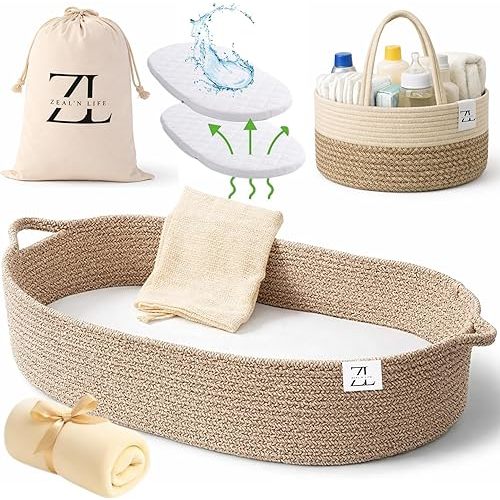 ZEAL'N LIFE Luxury 5-in-1 Baby Changing Basket Set – Portable Moses Basket with Waterproof Changing Pad, Diaper Caddy, Cozy Blanket & Tote Bag, Gift for Expecting Moms, Babies Moses Basket for Babies