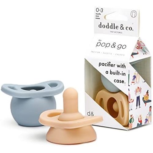 Doodle & Co. Pop & Go Pacifier for New Born Babies with Built-in Case | Pinch to Close Version | 100% Silicone for Infants | Helps Promote Oral Development | Plastic Free