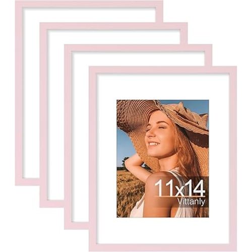 Vittanly 11x14 Picture Frames Set of 4, Display Pictures 8x10 with Mat or 11x14 without Mat, Gallery Wall Frame Set for Wall or Tabletop, Engineered Wood with Shatter Resistant Plexiglass, Pink