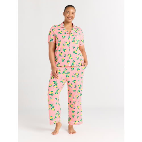 Joyspun Women's Notch Collar Short Sleeve Knit Top & Capri Pajama Set, 2-Piece, Sizes XS-3X