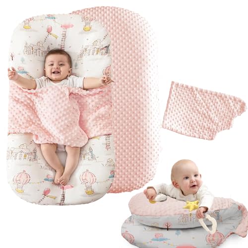 Baby Lounger Pillow, 2-in-1 Infant Lounger Pillow for Newborn 0-24 Months for Tummy Time, 2 Sides Soft & Breathable 100% Cotton Cover, Portable Baby Nest, Newborn Essentials & Gifts for Babies (Pink)