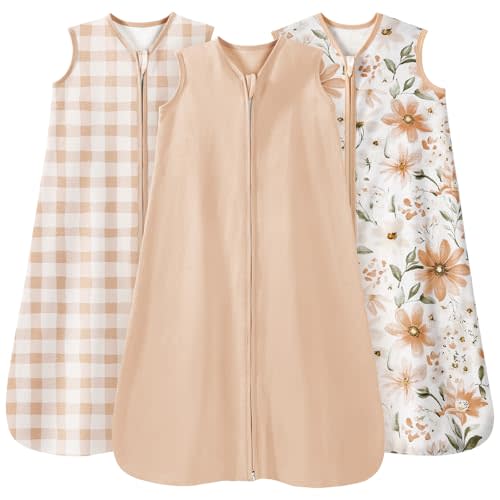 Unnivoll Baby Sleep Sack 6-12 Months 3 Pack 100% Cotton Lightweight 0.5 TOG Wearable Blanket Baby Sleep Bag with 2-Way Zipper for Newborn Infant Orange Flowers & Plaid