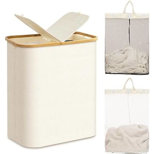 UBBCARE Large Laundry Hamper with Lid, 145L Double Laundry Hamper with Removable Bag, 2 Section Collapsible Dirty Clothes Basket for Bedroom, Bathroom, Laundry Room, Dorm, Beige