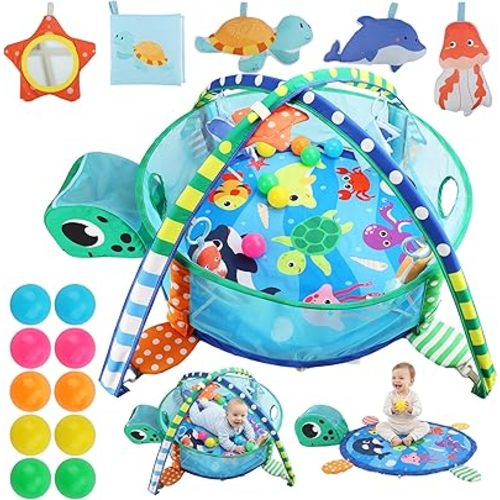 TOY Life Baby Play Gym Mat, 2-in-1 Turtle Tummy Time Mat with 5 Detachable Toys & Ball Pit Fun for Newborn 0-3-6-9-12, Activity Gym for Baby Girls & Boys, Infant Play Mat, Washable Baby Playmat