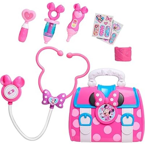 Disney Junior Minnie Mouse Bow-Care 8-Piece Doctor Kit for Toddlers Ages 3-5, Lights and Sounds Stethescope, Officially Licensed, Pink, Preschool Pretend Play