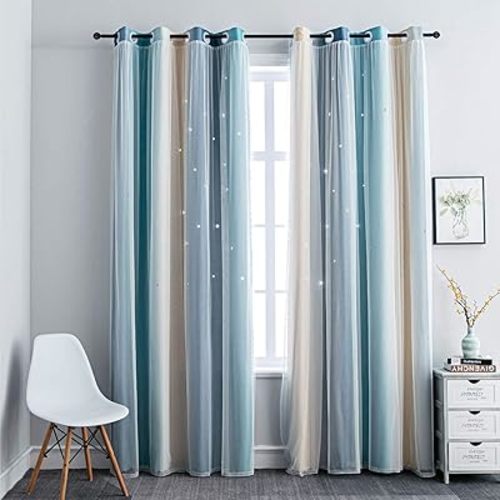 FANLI Ombre Rainbow Blackout Curtains for Kid Girls Bedroom Living Room Darking Stripe Double Layer Star Cut Out Wall Home Decor Gradient Grommet Window Curtains (Blue/Yellow, 52W x 84L)