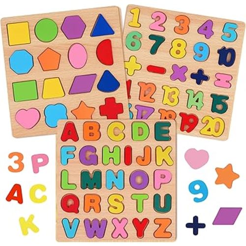 Attmu Wooden Puzzles for Toddlers, 3 Pcs Alphabet Puzzle ABC Shape Number Puzzle, Learning Toys for Kids, Preschool Educational Activities Toddler Gift Toys for Girls Boys Christmas Valentines Easter