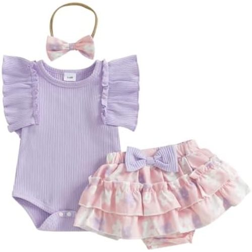 Baby Girl Clothes Summer Infant Floral Outfit Ruffle Sleeve Knitted Romper + Layered Bloomers Shorts + Headband