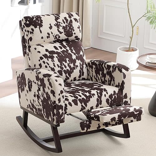 Rocking Chair Nursery with Foot Rest, Nursing Rocking Chairs for Mom Nursery, Rocker Glider with High Backrest for Living Room, Bedroom, Cow Printed