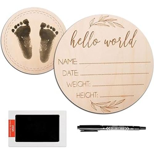 Baby Announcement Sign, 6.7 Inch Birth Announcement Sign for Hospital, Baby Welcome Sign, Hello World Newborn Sign, Comes with Marker Pen and Ink Pad for Baby Hand and Footprints and Text Writing