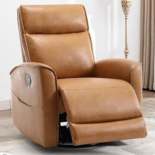 CANMOV Rocker Recliner Chair,360°Swivel Nursery Glider Recliner,Manual Recliner Sofa with Padded Armrest and Backrest,Leather Recliner for Small Spaces,Living Room,Bedroom,Brown