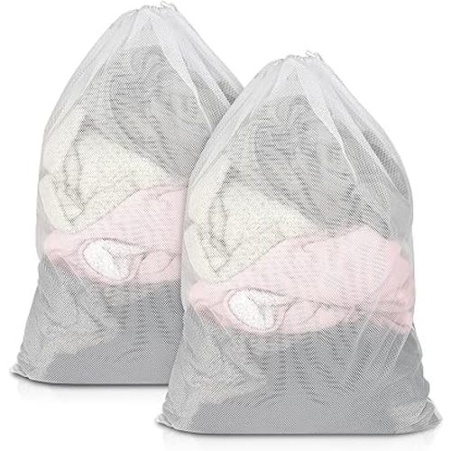 2 Pack Mesh Laundry Bags, 23 x 34 Inches Heavy Duty Mesh Laundry Bag, Large Laundry Drawstring Bag for College, Dorm, Travel, Family and Apartment Dwellers, White