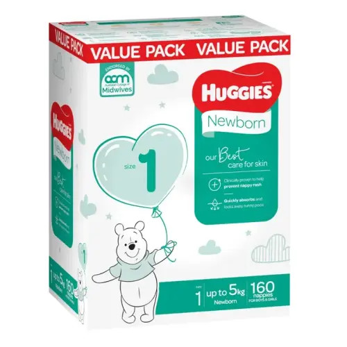 Huggies Nappies Mega Newborn Size 1 - 160 Pack | Baby Bunting AU