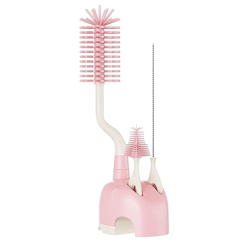 ePiiChua Silicone Bottle Brush Set with Stand, 360° Rotating Bottle Cleaning Brush Cleaner Set, Long Handle 3 in 1 Multipurpose Silicone Baby Bottle Straw Cleaner Brush (Pink)
