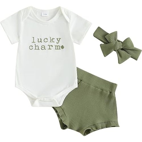 Bowanadacles Newborn Baby Girl St. Patrick's Day Clothes Outfit Four Leaf Clover Short Sleeve Romper Bottom Headband Set