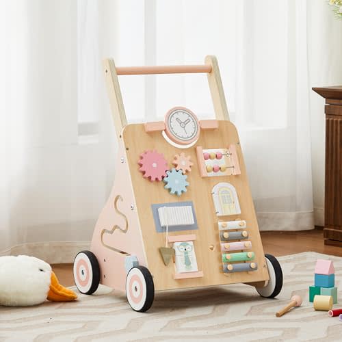 Wooden Baby Walker, Baby Push Walker Adjustable Height and Speed Multiple Learning Activity Walker Baby Walker with Wheels for Girls 6-12 Months, Pink