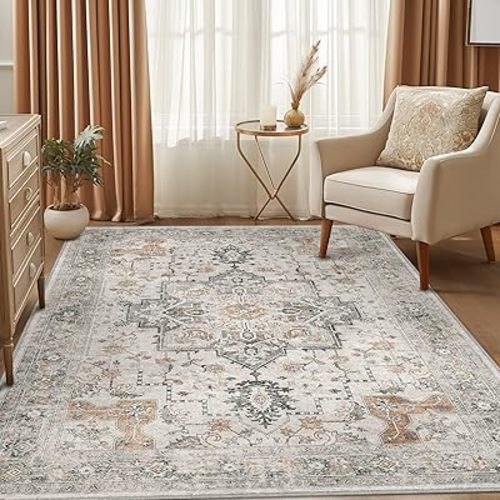 Washable Rugs 5X7 Area Rugs for Living Room, Thin Indoor Chenille Low Pile Rug for Bedroom Rug, Vintage Boho Lightweight Carpet for Dining Room Kitchen Office Floor, Kumquat Beige