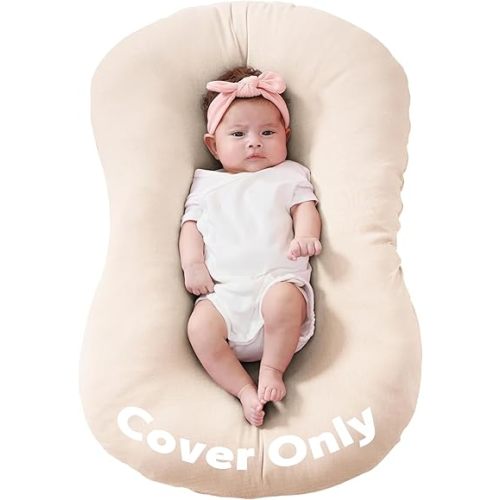 FUNUPUP Muslin Baby Lounger Cover Only Compatible with Snuggle Me Lounger, Infant Lounger Pillow Cover for Newborn, Removable Newborn Lounger Cover for Boys and Girls, Only Cover, Beige
