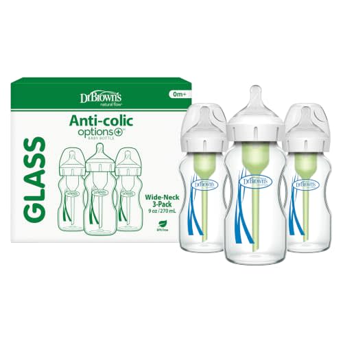 Dr. Brown's Natural Flow Anti-Colic Options+ Wide-Neck Glass Baby Bottles 9 oz/270 mL, with Level 1 Slow Flow Nipple, 3 Pack, 0m+