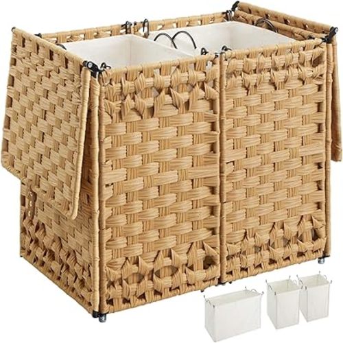 Greenstell Laundry Hamper with Lid and 2 & 1 Removable Liner Bags, No Install Needed, 65L Collapsible Laundry Basket, Wicker Clothes Hamper with Handles, Hamper for Bedroom, Bathroom, Goose Yellow