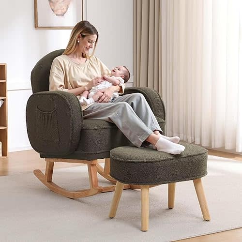 Rocking Chair with Ottoman, Upholstered Glider Rocker with High Backrest and Side Pocket, Rocking Accent Armchair with Solid Wood Legs for Nursery, Living Room, Bedroom Green