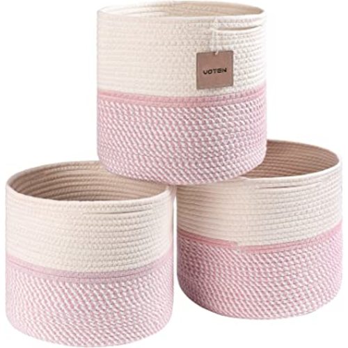 voten Cube Storage Baksets Bins 11x11’’ Fit 12x12’’ Organizer Bookcases Shelving,Stylish&Durable Woven Cotton Basket Containers for Organizing 3-Pack Off White/Mixed Pink