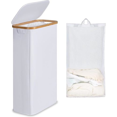 Slim Laundry Basket with Lid, Narrow Laundry Hamper with Removable Bag, Skinny Dirty Clothes Basket with Bamboo Handles for Bathroom, Bedroom & Laundry Room, 63L White