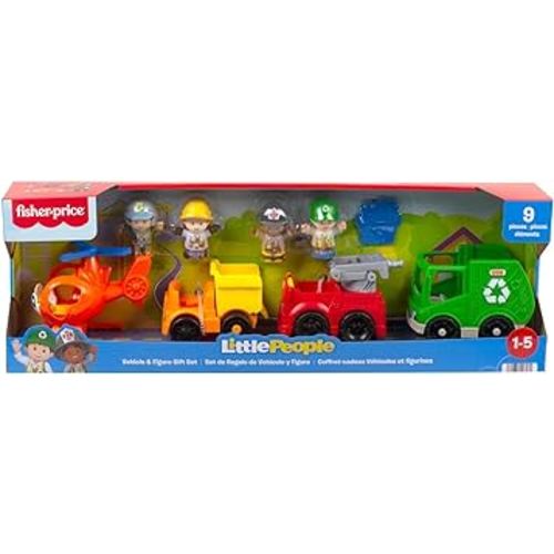 Fisher-Price Little People Toddler Playset Around The Neighborhood Vehicle Pack, 4 Toy Cars & Trucks & 4 Figures (Style A - Helocopter, Dump Truck, Fire Truck, and Garbage Truck)