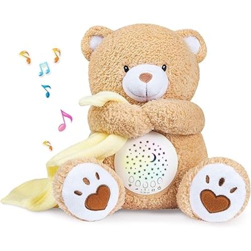 BEREST Baby Sleep Soother Happy Bear, Mom's Heartbeat Bear Lullabies White Noise Machine, Nursery Decor Night Light Projector, Toddler Crib Sleeping Aid, Baby Shower Gifts Portable Teddy
