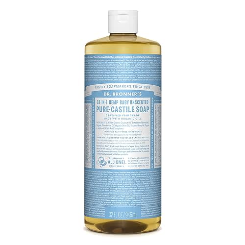Dr. Bronner's - Pure-Castile Liquid Soap (Baby Unscented, 32 ounce, 2-Pack) - Made with Organic Oils, 18-in-1 Uses: Face, Hair, Laundry and Dishes, For Sensitive Skin and Babies, No Added Fragrance