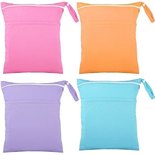 Shappy 4 Pcs Wet Dry Bag for Baby Cloth Diapers Waterproof Wet Bag Washable Travel Reusable with 2 Pocket for Travel Beach Pool(Blue, Purple, Pink, Orange)