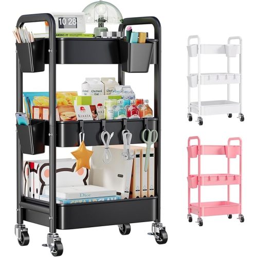 3 Tier Rolling Cart with Lockable Wheels, Metal Diaper Caddy Cart Organizer for Baby Essentials, Black Storage Utility Cart for Craft, Snack, Rolling Carts with Wheels for Lash Techs, Art, Bathroom