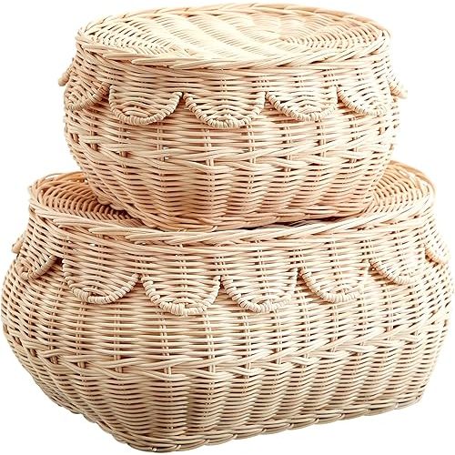 Small scalloped basket Set, Hand woven rattan basket with lid, scallop tray, Storage wicker baskets for gifts, diaper organizer baskets, 14.5x10x6 in(Natural)