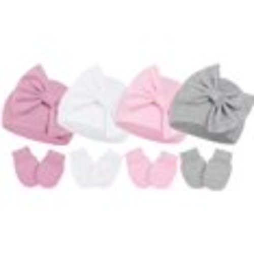 Bow Newborn Hats and Gloves Cute Winter Beanie Todder Girl with Elastic Wrist Baby Girls Mittens Infant Hat and Mitten for Newborn Boy 4 Sets for 0-6 Months