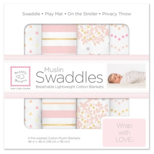 SwaddleDesigns Cotton Muslin Swaddle Blankets - Heavenly Floral Shimmer - 4pk - Pink